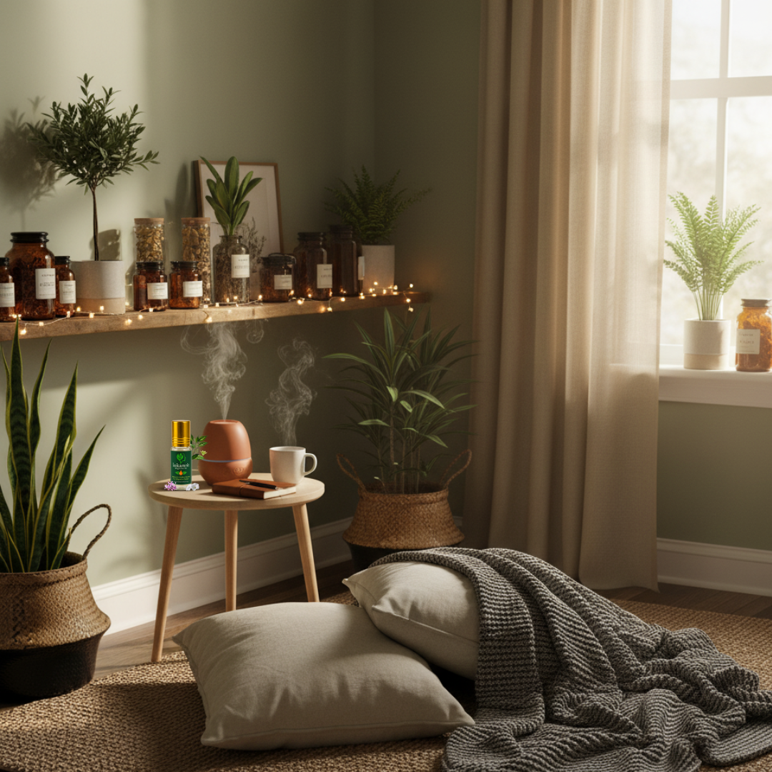 Transform your home into a sanctuary! Learn how to build a herbal self-care corner and unlock deep relaxation using Lokamrit Roll-On. Di